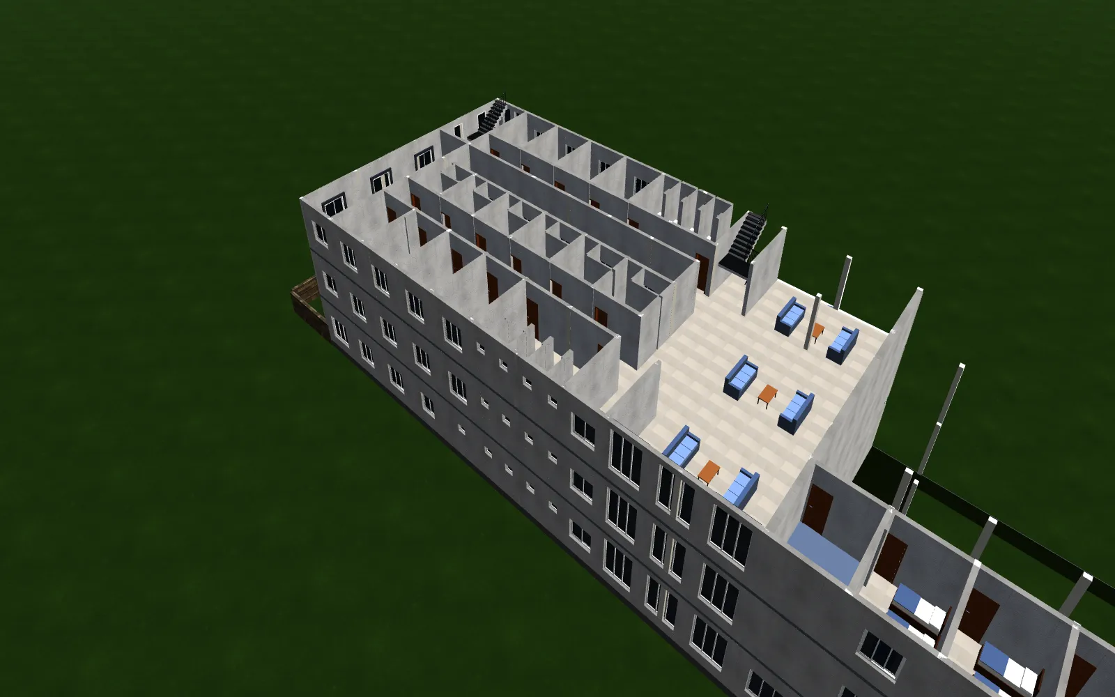 A two-storey hostel in OctBuild's 3D view, with the upper floor cut away to show rooms, stairs, a lounge with sofas, and bunk beds.