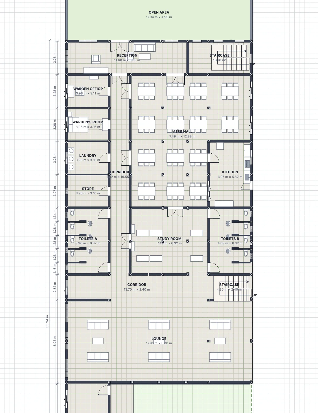 The ground floor plan of the hostel in OctBuild's 2D view: reception, mess hall with dining tables, kitchen, study room, toilets and lounge, each labelled with its size, with dimension lines down the side.